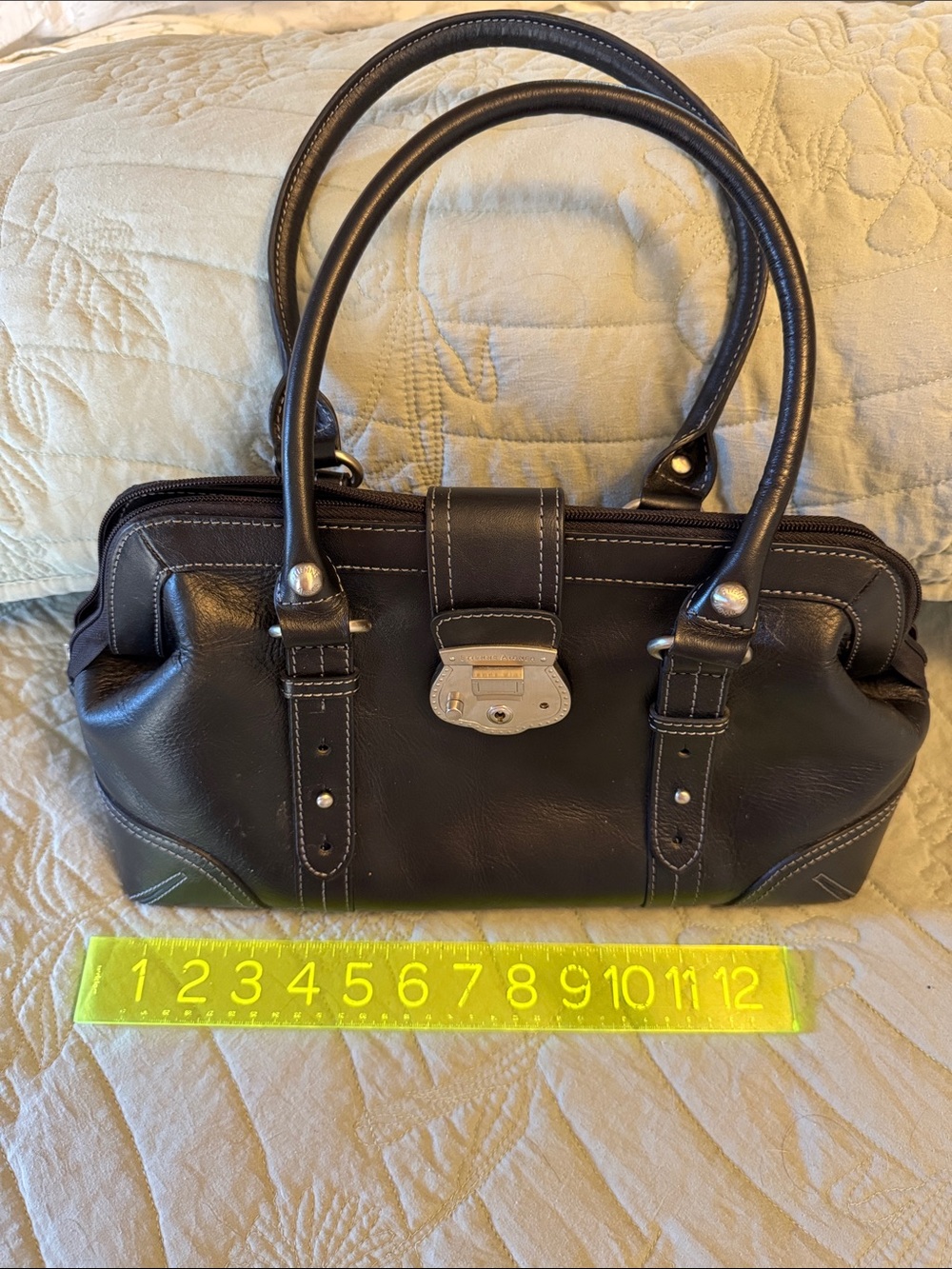 Etienne Aigner Black Leather Satchel with Silver Hardware and White Stitching